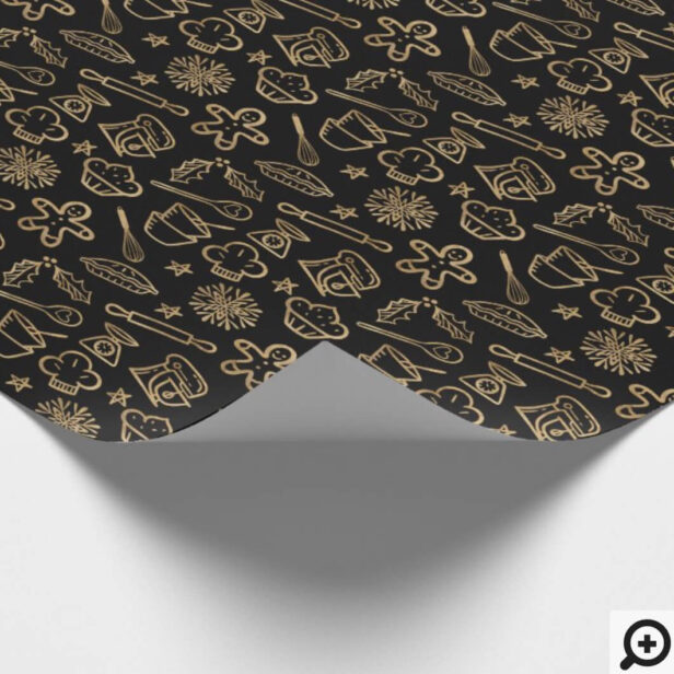 Shimmering Gold & Black Christmas Baking Pattern Wrapping Paper