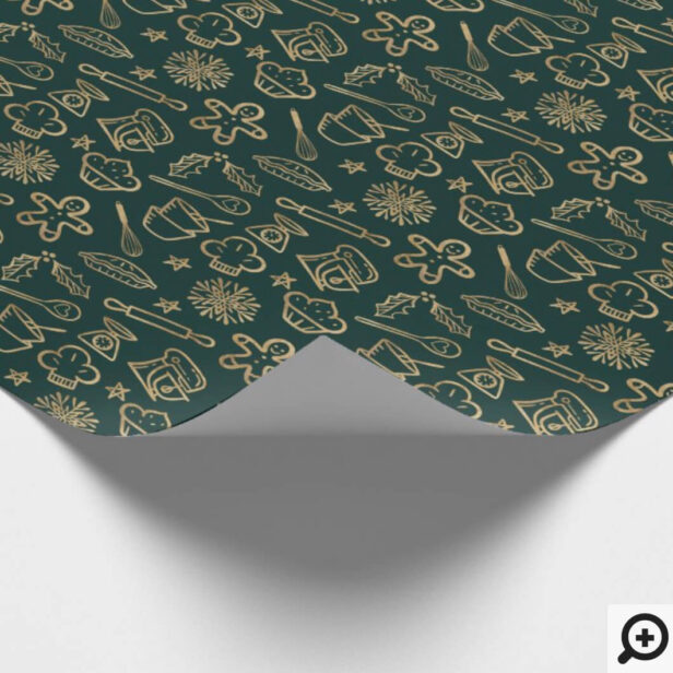 Shimmering Gold & Green Christmas Baking Pattern Wrapping Paper