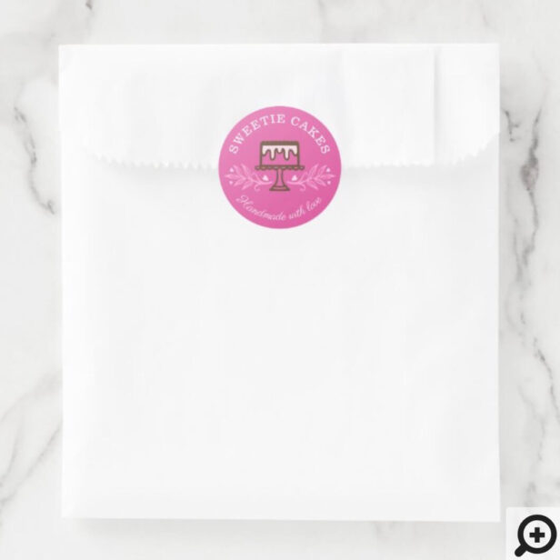 Simple, Fun & Minimal Style Bakery Cake Logo Pink Classic Round Sticker