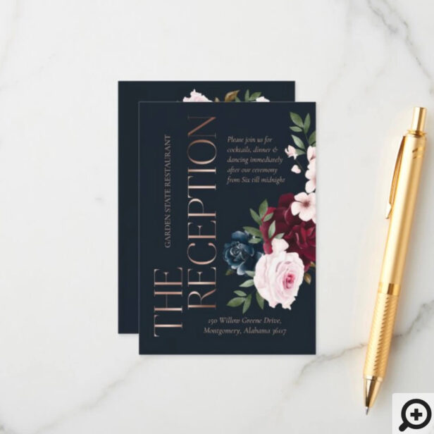 The Reception Burgundy & Navy Watercolor Florals Enclosure Card