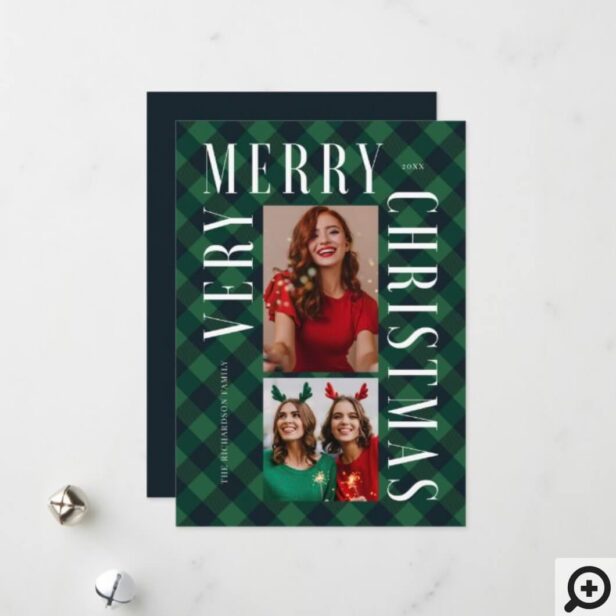Very Merry Christmas Green Buffalo Plaid Photo Holiday Card