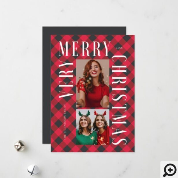 Very Merry Christmas Red Buffalo Plaid Photo Holiday Card