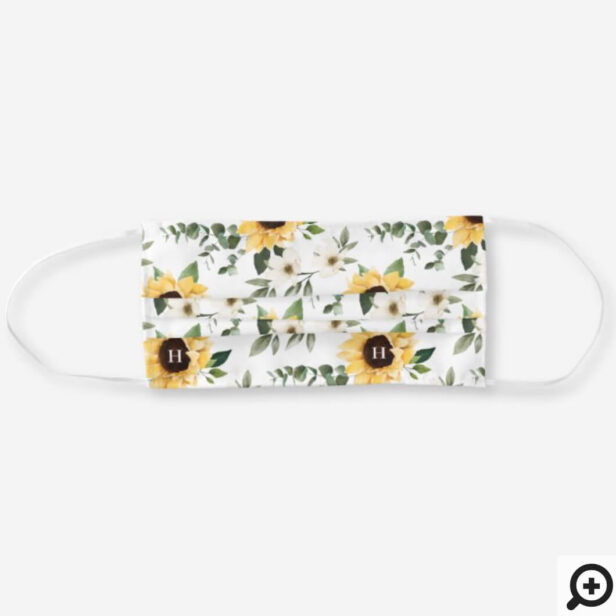 Wildflowers & Sunflower Pattern Monogram White Cloth Face Mask