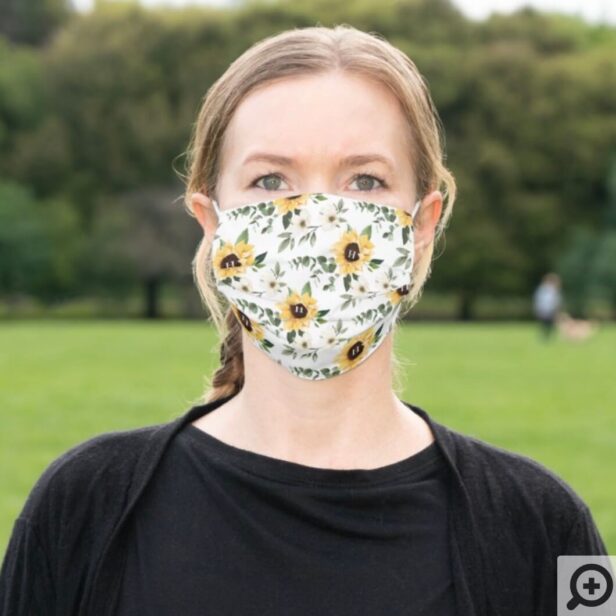 Wildflowers & Sunflower Pattern Monogram White Cloth Face Mask