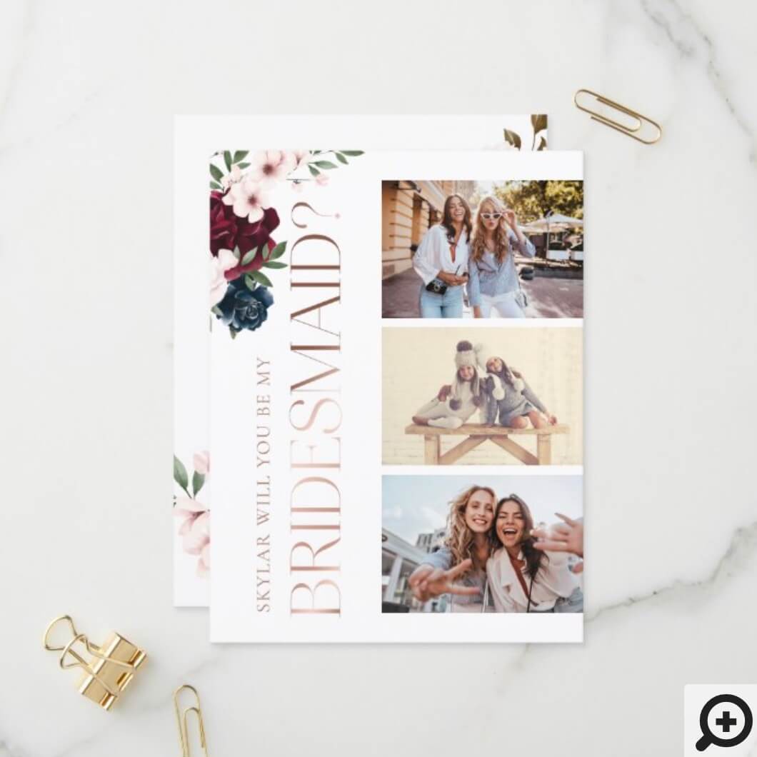 Will You Be My Bridesmaid Red & Navy Florals Photo Invitation Postcard