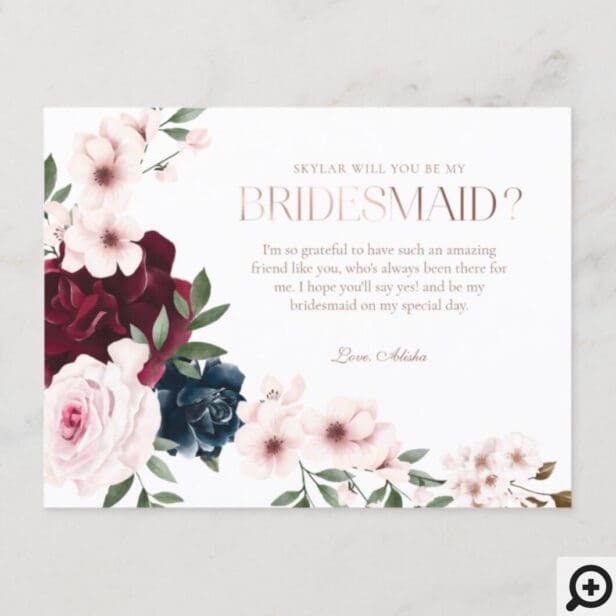 Will You Be My Bridesmaid Red & Navy Florals Photo Invitation Postcard