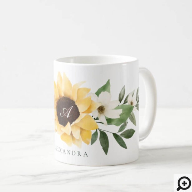Yellow Watercolor Sunflowers & Wildflower Monogram Coffee Mug