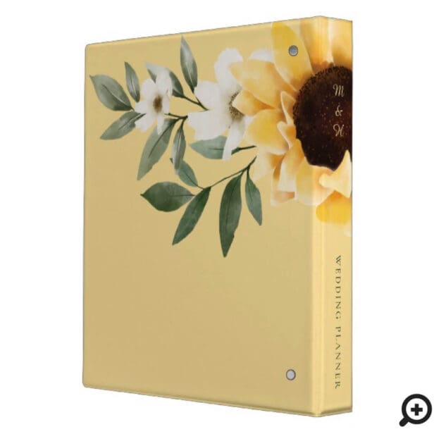 Yellow Watercolor Sunflowers & Wildflower Wedding 3 Ring Binder