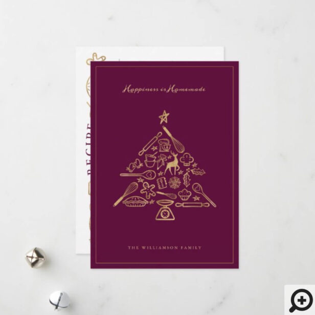 Christmas Baking Tree Gold Burgundy Family Recipe Holiday Card