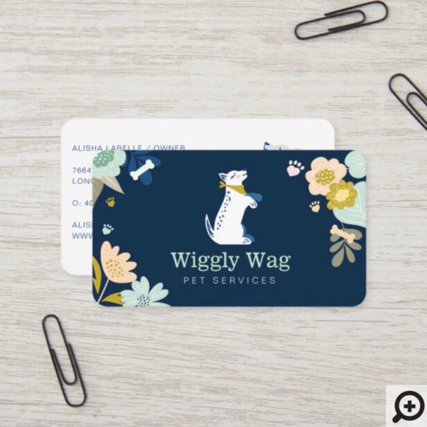 Cute Happy Dog Floral Botanical Navy Pet Services Business Card