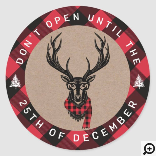 Don’t Open Until Christmas Red Plaid Reindeer Classic Round Sticker