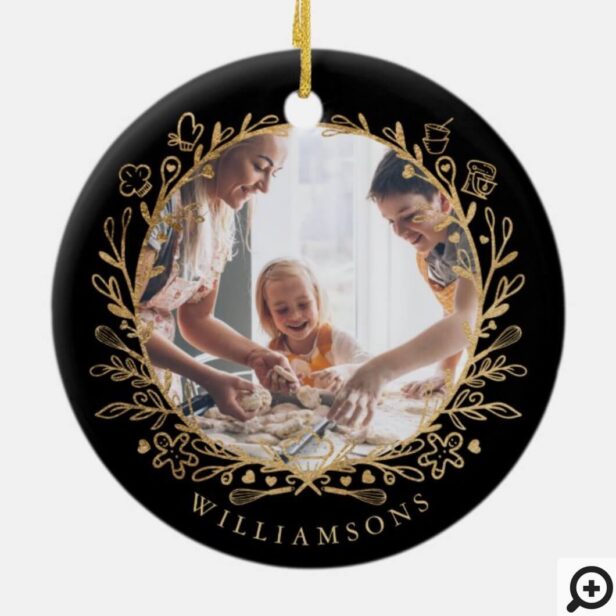 Elegant Gold & Black family Baking Photo Wreath Ceramic Ornament