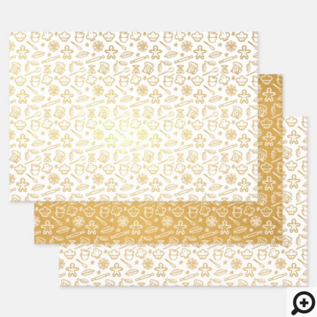 Festive Shimmering Gold Christmas Baking Pattern Foil Wrapping Paper Sheets