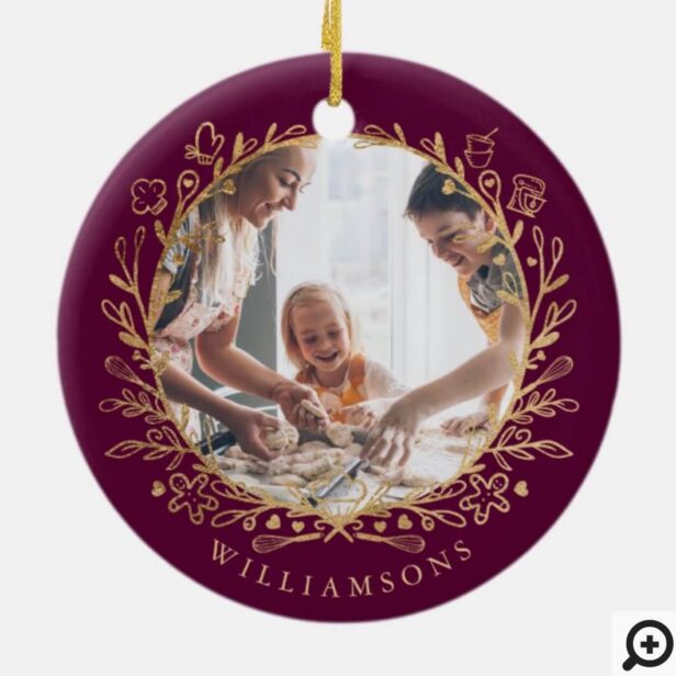Happiness Is Homemade Gold Burgundy Baking Wreath Ceramic Ornament