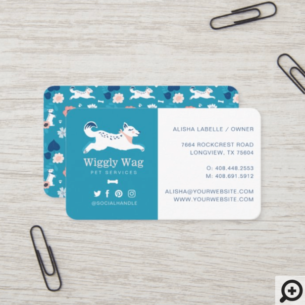 Leaping Dog Floral Botanical Blue Pet Services Business Card