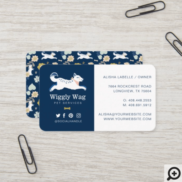 Leaping Dog Floral Botanical Navy Pet Services Business Card