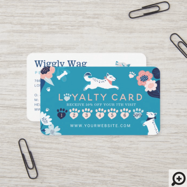 Leaping Dog Floral Pet Care& Grooming Blue Loyalty Business Card