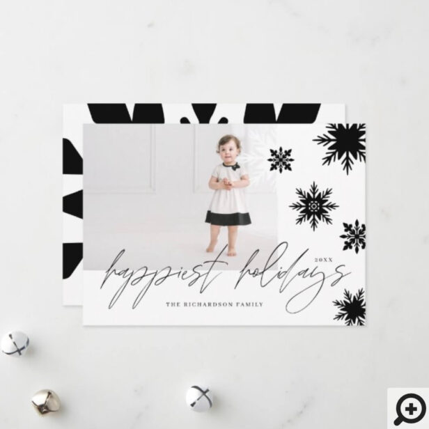 Modern Chic Black & White Snowflakes Family Photo Holiday Card