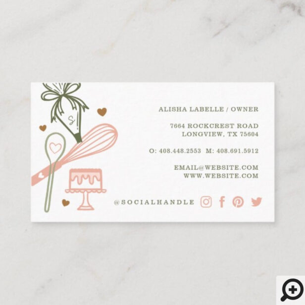 Pink & Olive Green Baking & Cooking Utensil Bakery Business Card