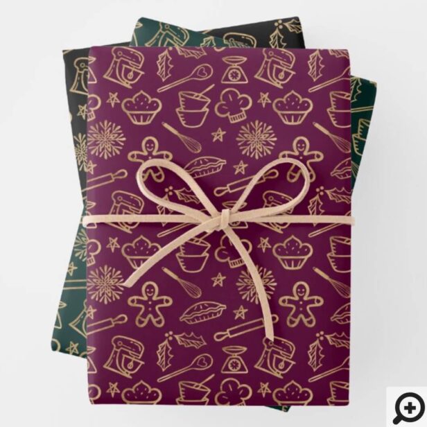 Shimmering Gold Festive Christmas Baking Pattern Wrapping Paper Sheets
