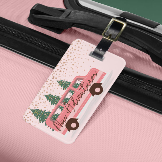 New Adventures Pink Retro Vintage Van Luggage Tag