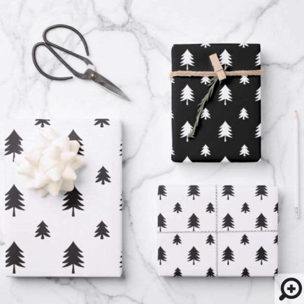 Black & White Modern Christmas Tree Pattern Wrapping Paper Sheets