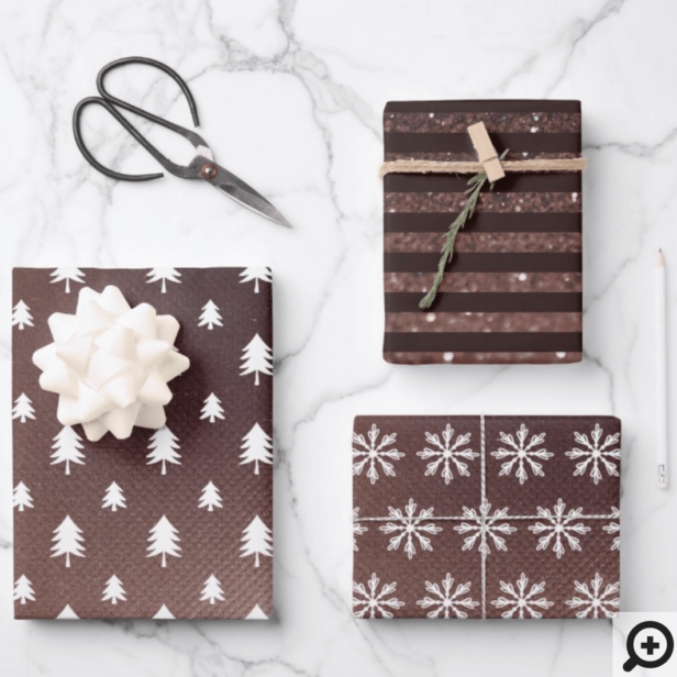 Brown Glitter Modern Festive Tree & Snowflake Wrapping Paper Sheets