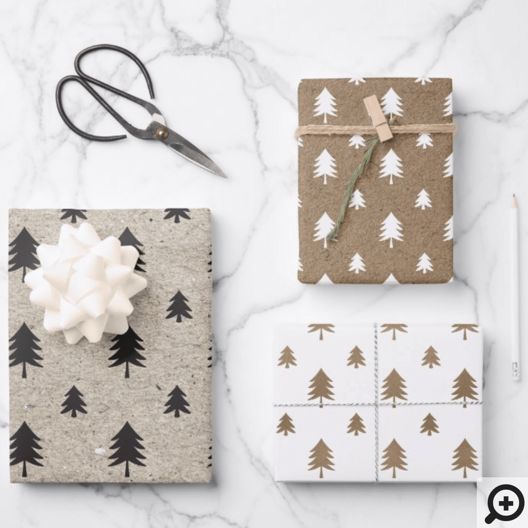 Recyclable Kraft Wrapping Paper 44*100CM Minimalist Christmas,White Trees  on Brown Kraft for Holidays, Weddings, Winter Solstice