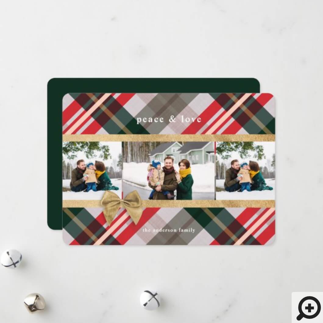 Candy Cane Plaid Gift Wrapped & Bow Present Photo Holiday Card