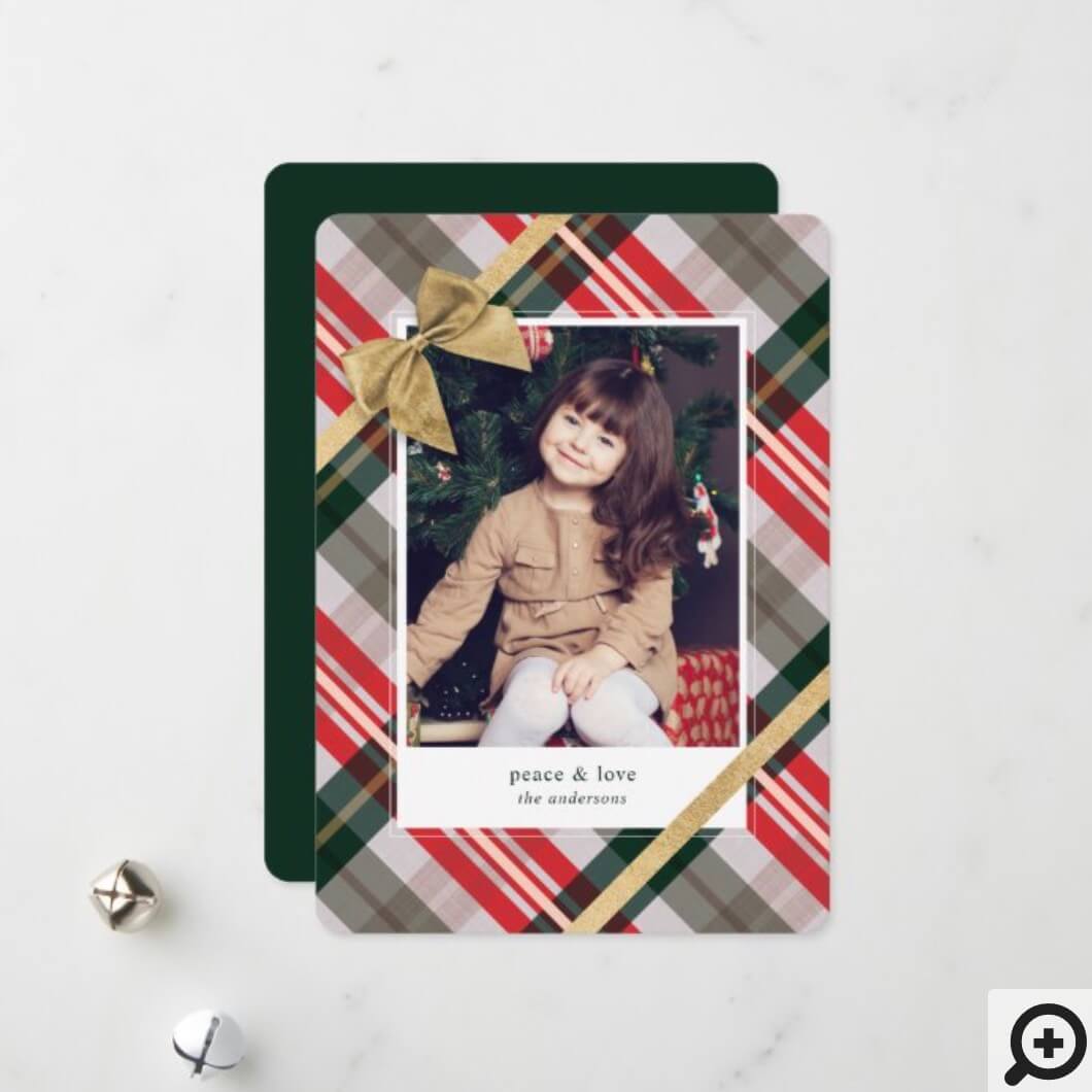 Candy Cane Plaid Gift Wrapped & Bow Present Photo Holiday Card