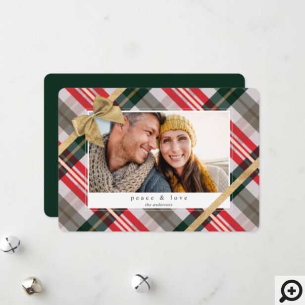 Candy Cane Plaid Gift Wrapped & Bow Present Photo Holiday Card