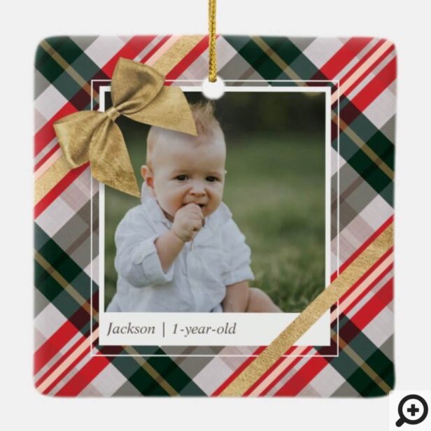 Candy Cane Plaid Wrapping & Gold Bow Present Photo Ceramic Ornament