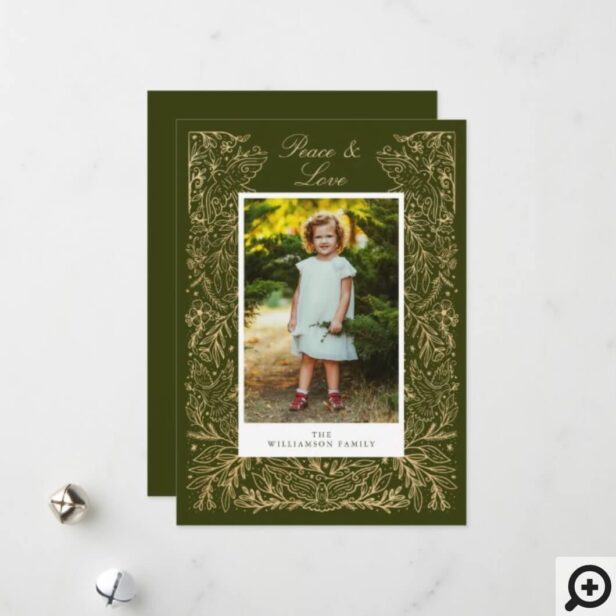 Christmas Doves Of Peace & Love Floral Frame Photo Green Holiday Card