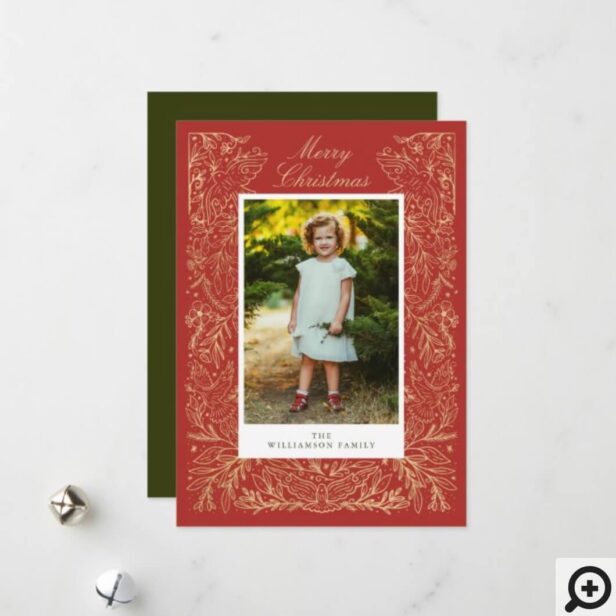 Christmas Doves Of Peace & Love Floral Frame Photo Red & Green Holiday Card