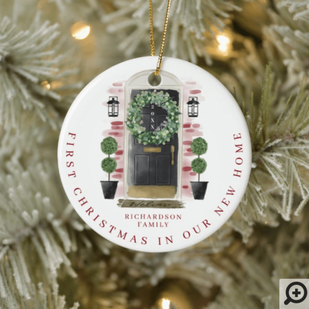 Christmas In New Home Watercolor Black Door And Red Brick Wreath Ceramic Ornament