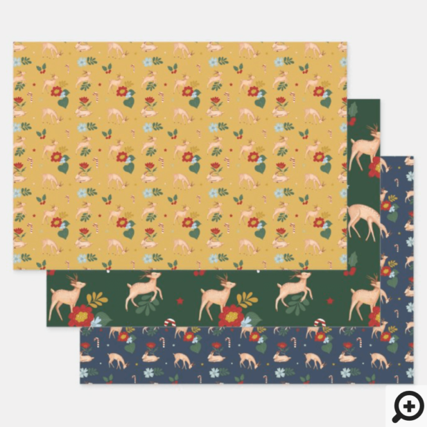 Colourful Festive Reindeer Floral Pattern Wrapping Paper Sheets
