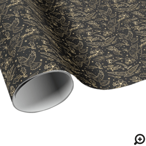 Doves Of Peace Black Shimmer Gold Foil Floral Wrapping Paper