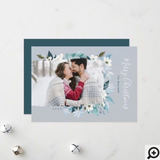 Elegant Frosty Blue Winter Snowflakes & Florals Holiday Card