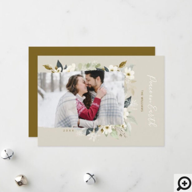 Elegant Frosty Cream Winter Snowflakes & Florals Holiday Card