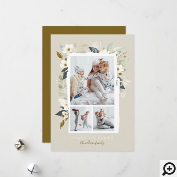 Elegant Frosty Cream Winter Snowflakes & Florals Holiday Card