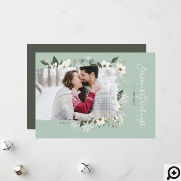 Elegant Frosty Green Winter Snowflakes & Florals Holiday Card