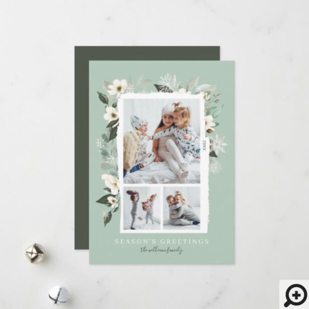Elegant Frosty Green Winter Snowflakes & Florals Holiday Card