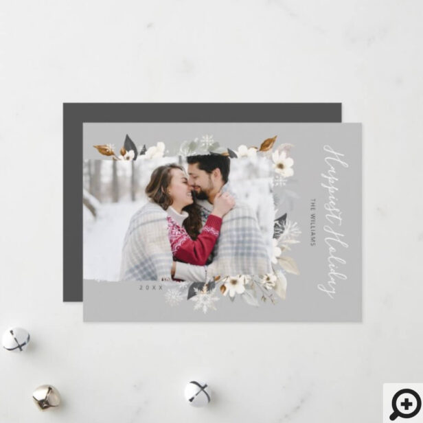 Elegant Frosty Grey Winter Snowflakes & Florals Holiday Card