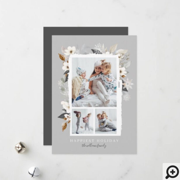 Elegant Frosty Grey Winter Snowflakes & Florals Holiday Card
