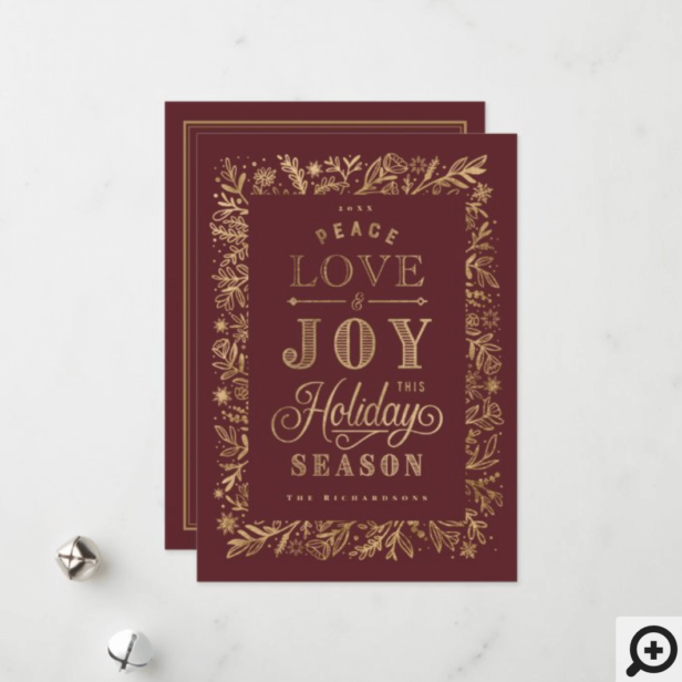Elegant Peace Love Joy Gold Foliage & Snowflakes Holiday Card