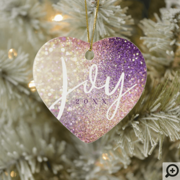 Elegant Violet & Champagne Sparkle Glitter Joy Ceramic Ornament