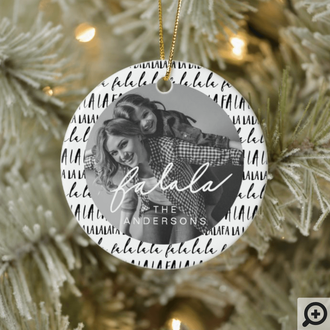 FA LA LA Black & White Typographic Christmas Photo Ceramic Ornament