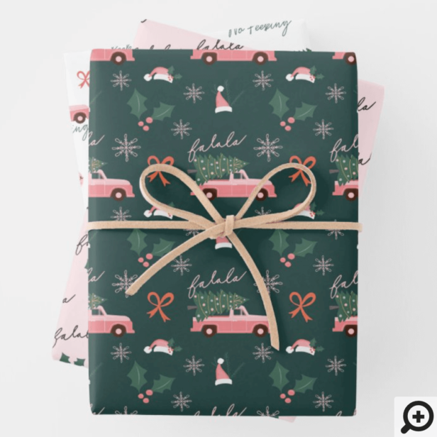 Festive Fala Christmas Tree Vintage Pink Truck Wrapping Paper Sheets