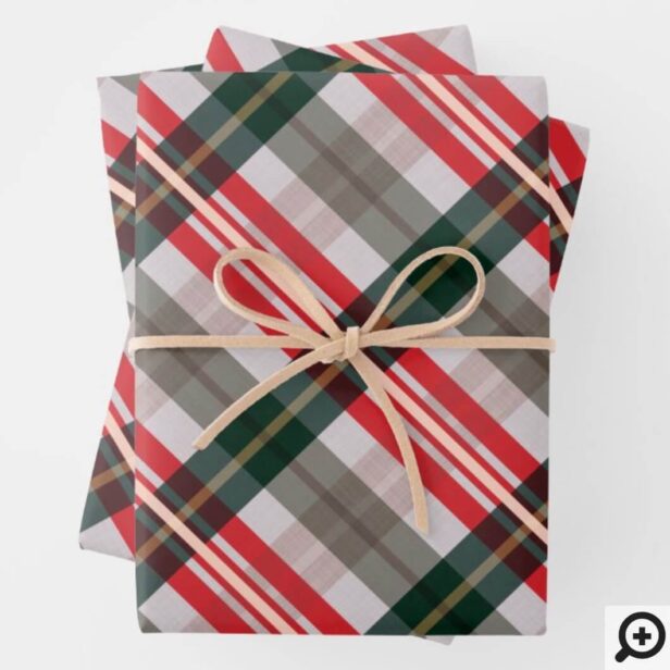 Festive Stylish Candy Cane Red Green Plaid Pattern Wrapping Paper Sheets