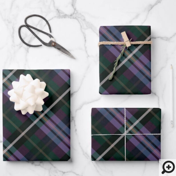 Festive Stylish Dark Purple & Green Plaid Pattern Wrapping Paper Sheets